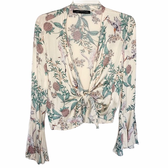 Zara Tops - Zara Tie Front Floral Bell Sleeve Top Cream XS - S